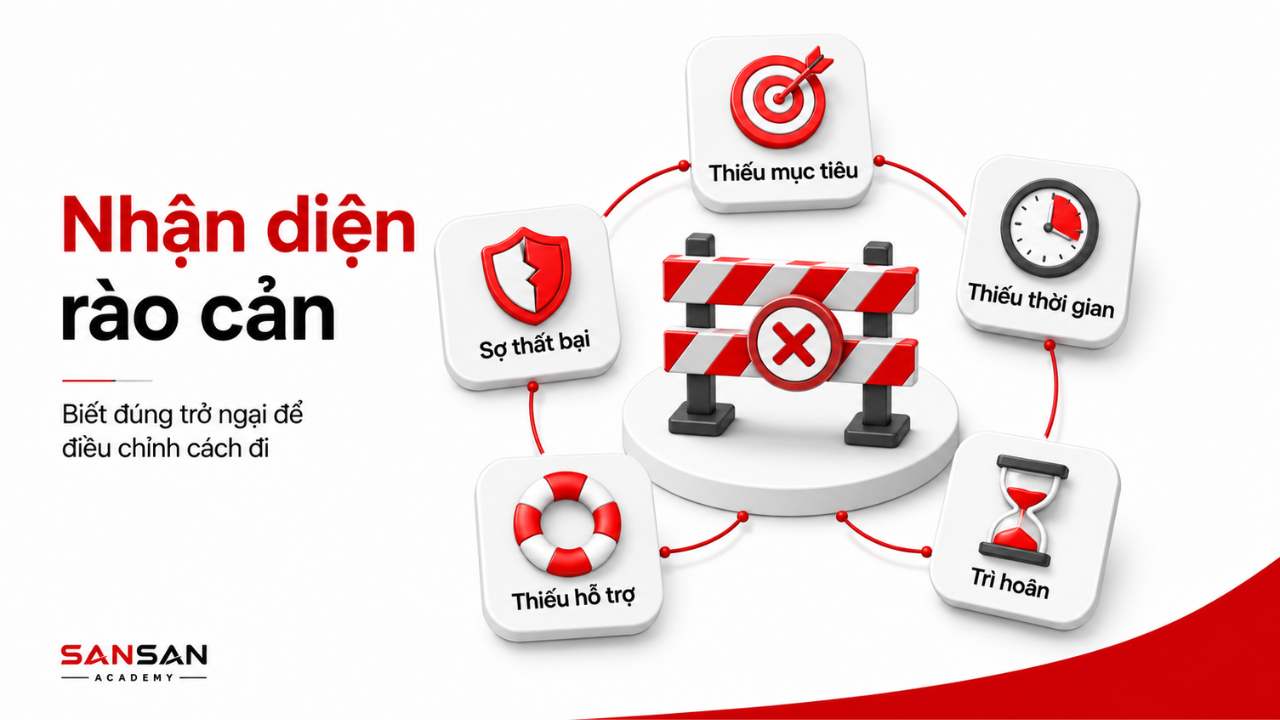 Các rào cản phát triển bản thân gồm thiếu mục tiêu, thiếu thời gian, trì hoãn, thiếu hỗ trợ và sợ thất bại.