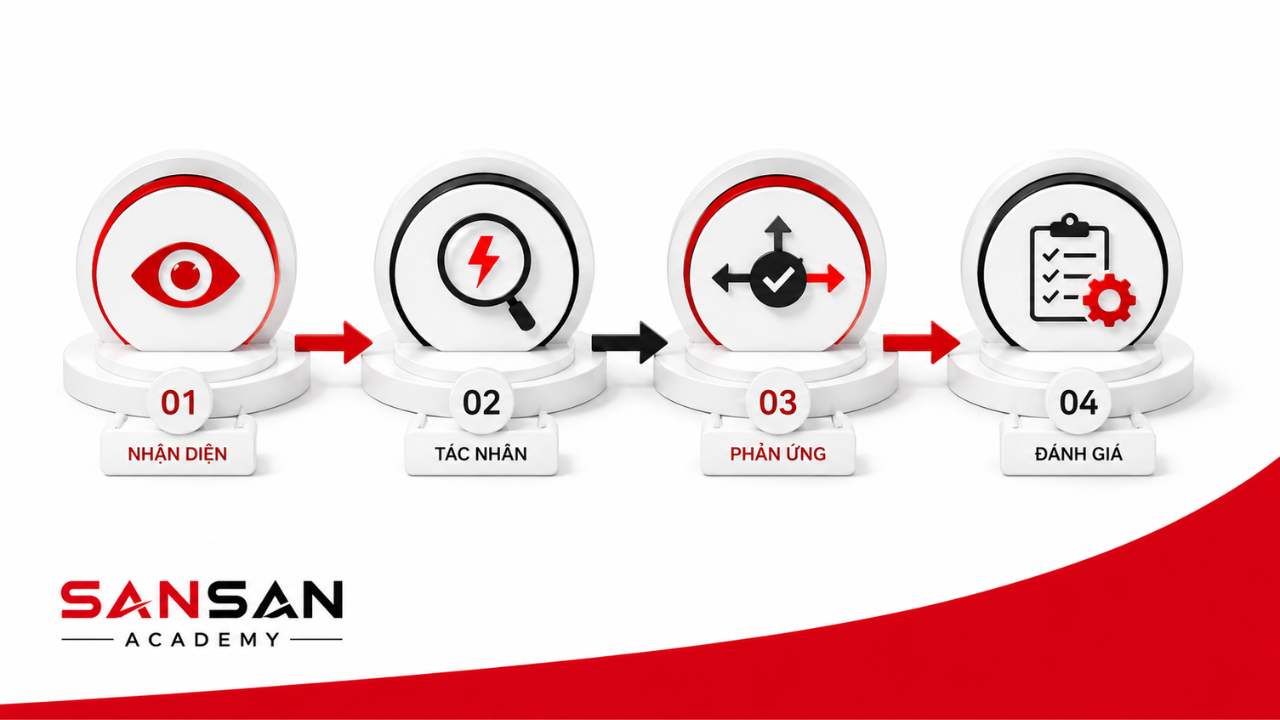 Quy trình quản lý cảm xúc gồm nhận diện, xác định tác nhân, lựa chọn phản ứng và đánh giá