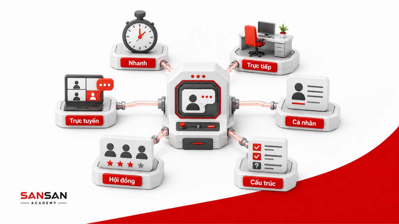 Các hình thức phỏng vấn phổ biến gồm phỏng vấn nhanh, trực tiếp, trực tuyến, cá nhân, hội đồng và có cấu trúc