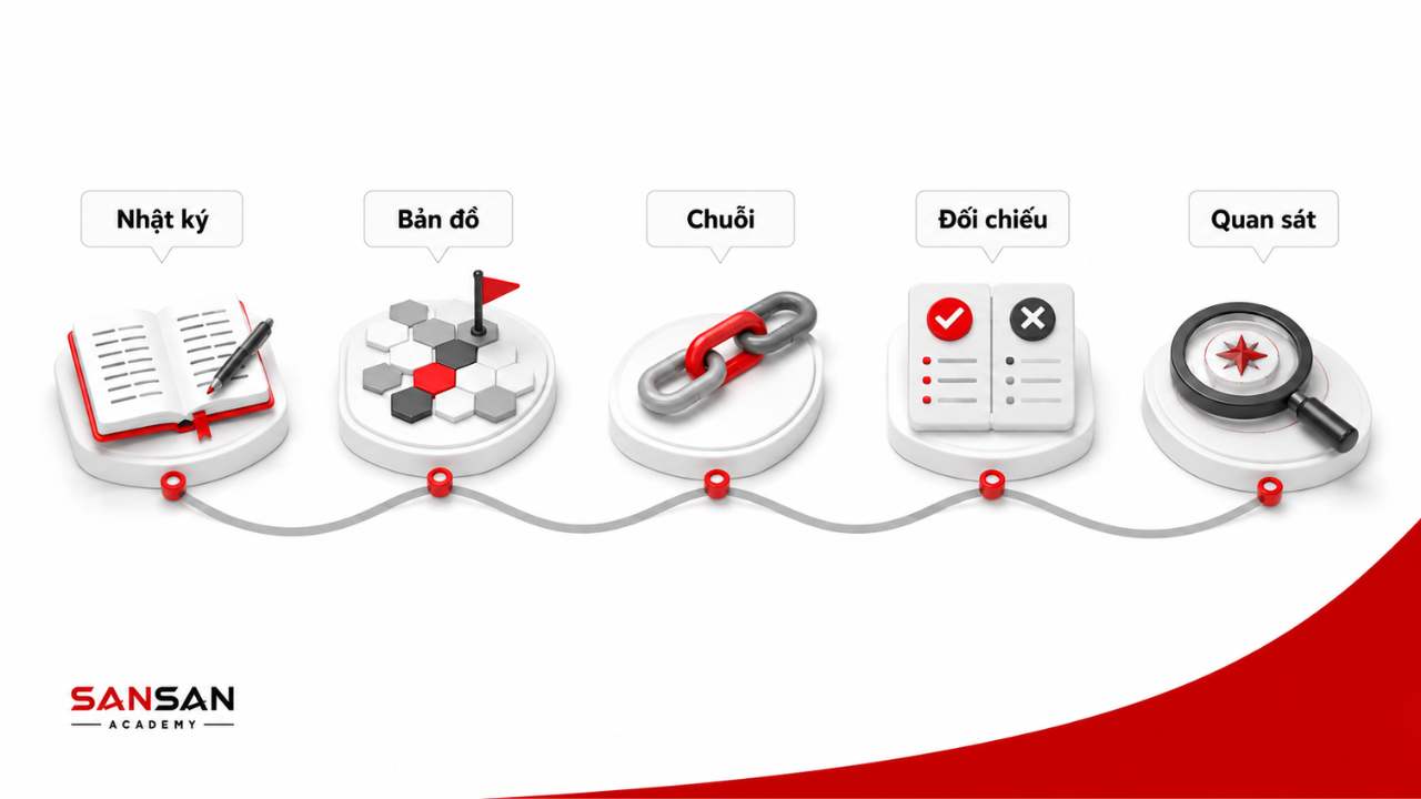 Các bài tập rèn kỹ năng tự nhận thức gồm nhật ký, bản đồ, chuỗi, đối chiếu và quan sát.