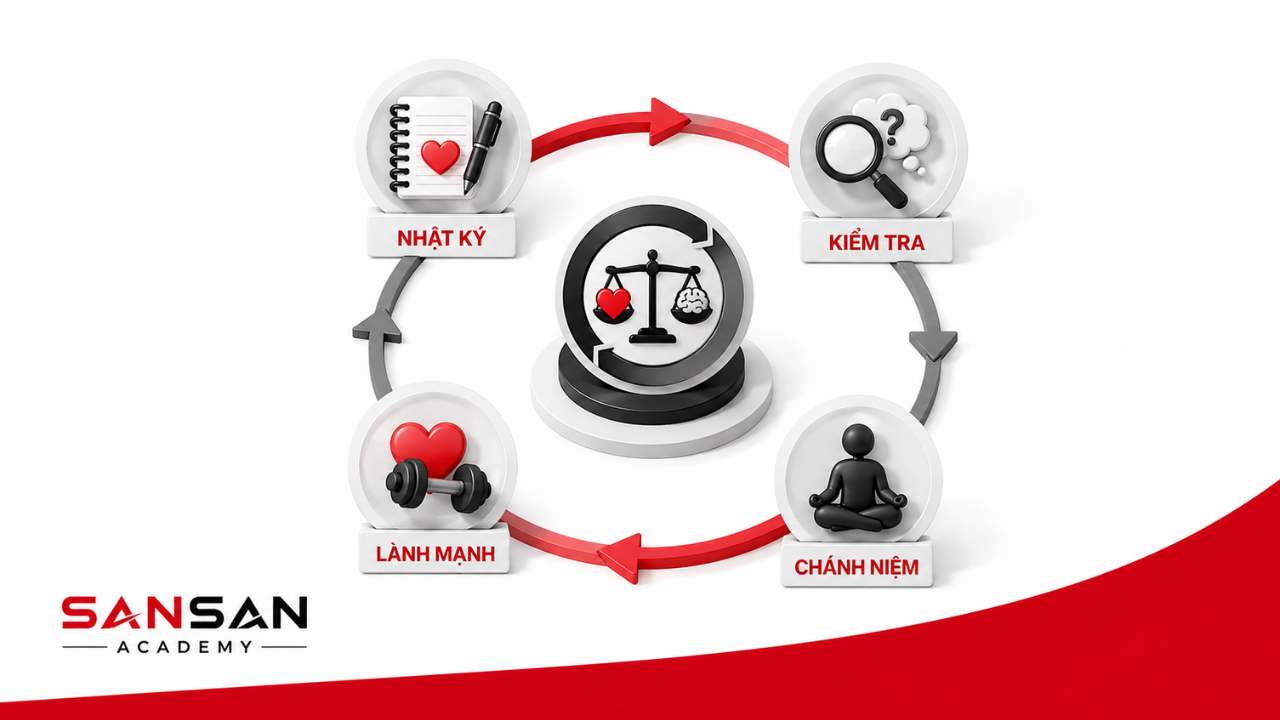 Rèn luyện quản lý cảm xúc lâu dài bằng nhật ký, tự kiểm tra, chánh niệm và lối sống lành mạnh