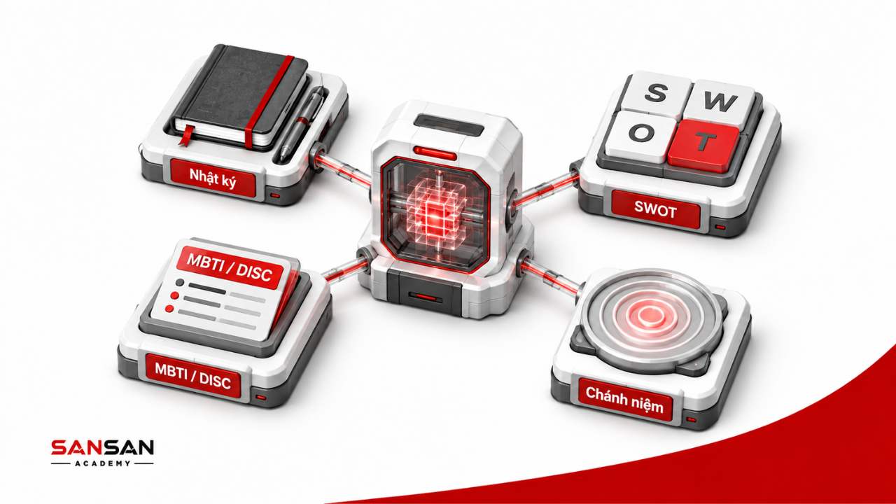 Công cụ hỗ trợ thấu hiểu bản thân gồm nhật ký SWOT MBTI DISC và chánh niệm