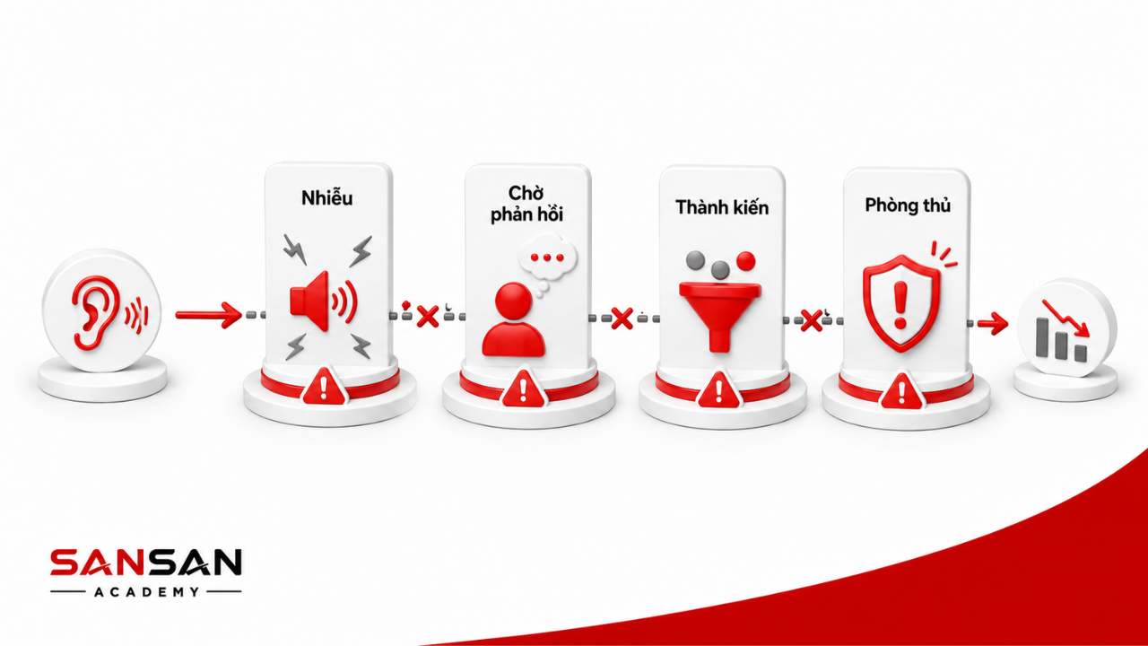 Những rào cản trong lắng nghe gồm nhiễu, chờ đến lượt phản hồi, thành kiến và tâm lý phòng thủ
