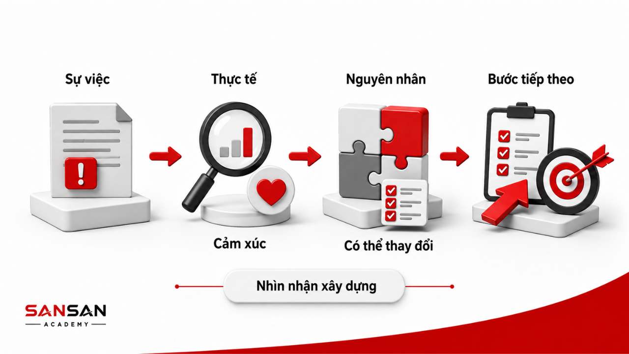 Tư duy tích cực là cách nhìn nhận sự việc, tách thực tế và cảm xúc, xác định nguyên nhân và chọn bước tiếp theo