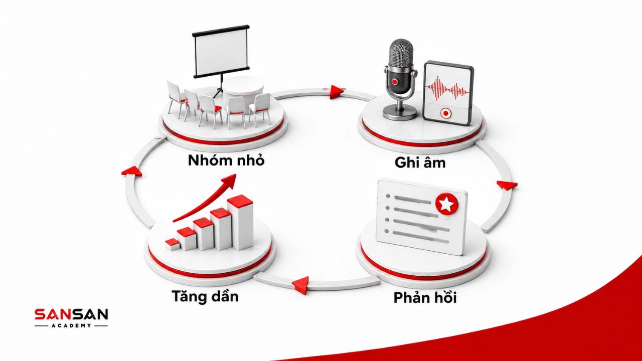 Cách rèn luyện kỹ năng nói trước đám đông bằng nhóm nhỏ, ghi âm, phản hồi và tăng dần.