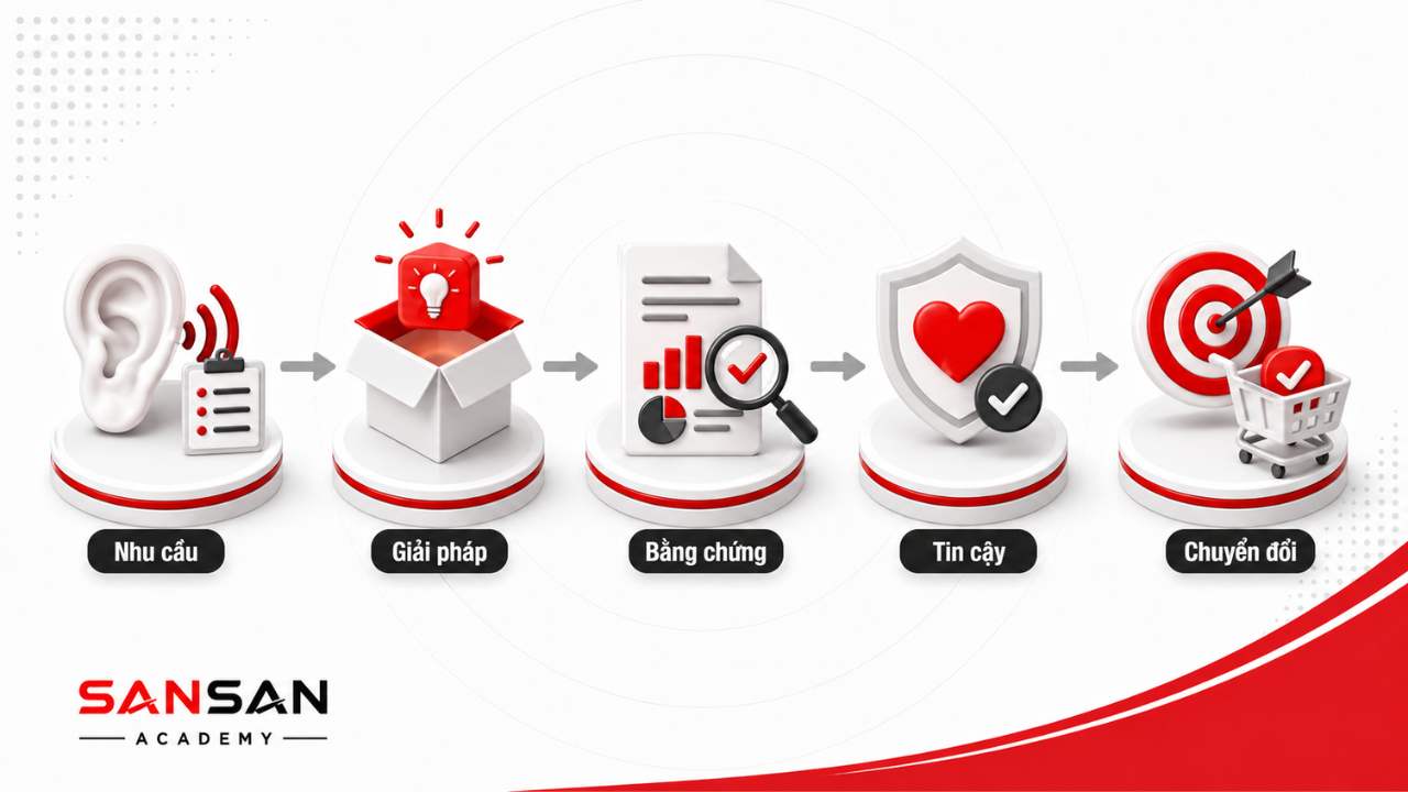 Quy trình thuyết phục trong bán hàng từ nhu cầu khách hàng đến giải pháp, bằng chứng, niềm tin và chuyển đổi