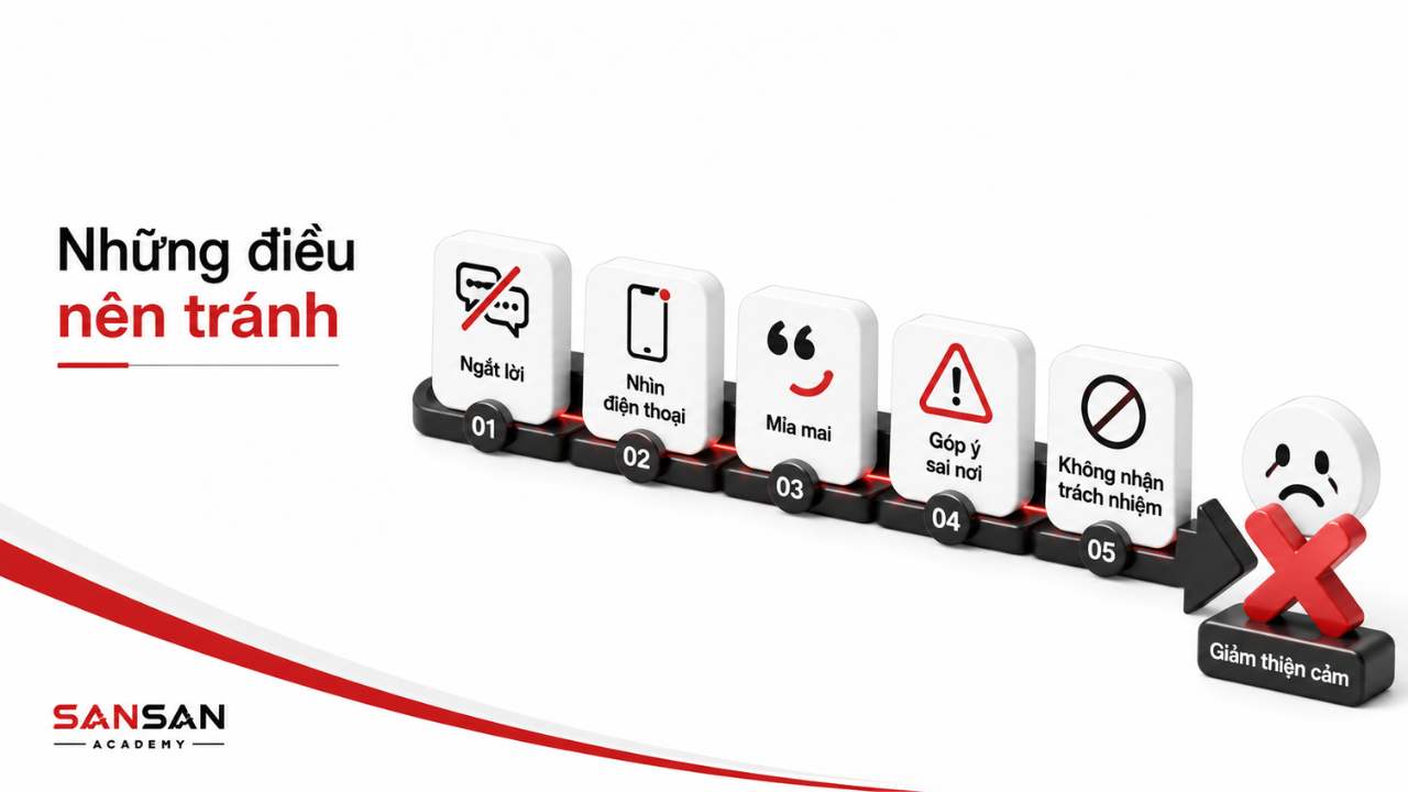 Những cách cư xử cần tránh gồm ngắt lời, nhìn điện thoại, mỉa mai và không nhận trách nhiệm
