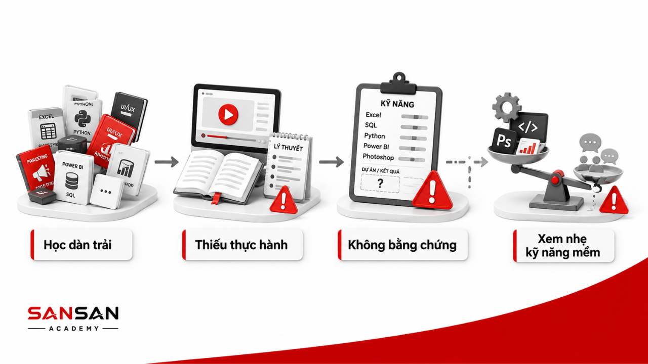 Những sai lầm khi phát triển kỹ năng cứng gồm học dàn trải, thiếu thực hành và thiếu bằng chứng năng lực
