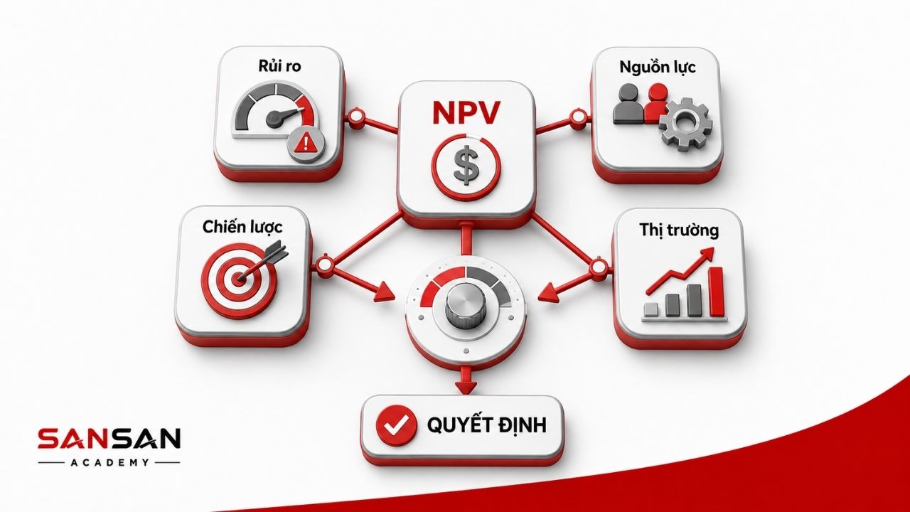 NPV được kết hợp với rủi ro, nguồn lực, chiến lược và thị trường
