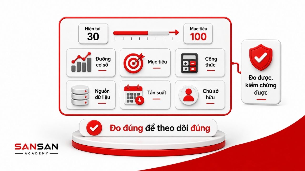 Bảng đo lường gồm đường cơ sở, mục tiêu, công thức và nguồn dữ liệu