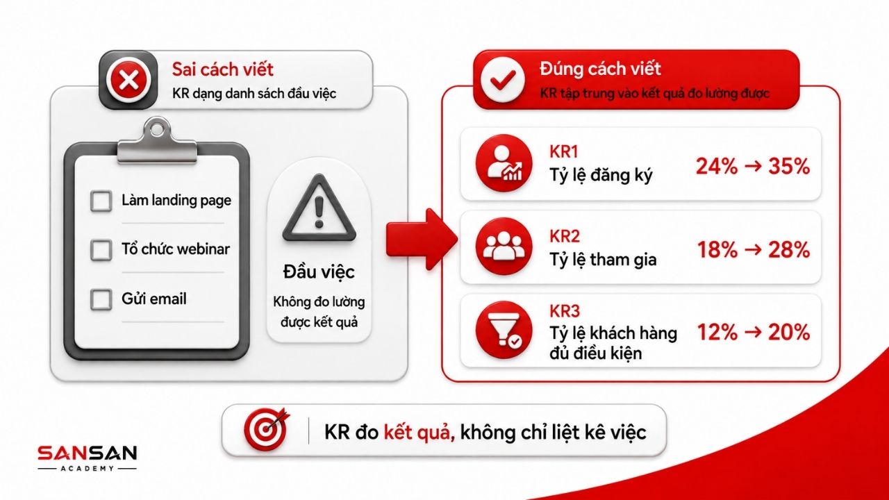 So sánh Key Results dạng đầu việc với kết quả có thể đo lường