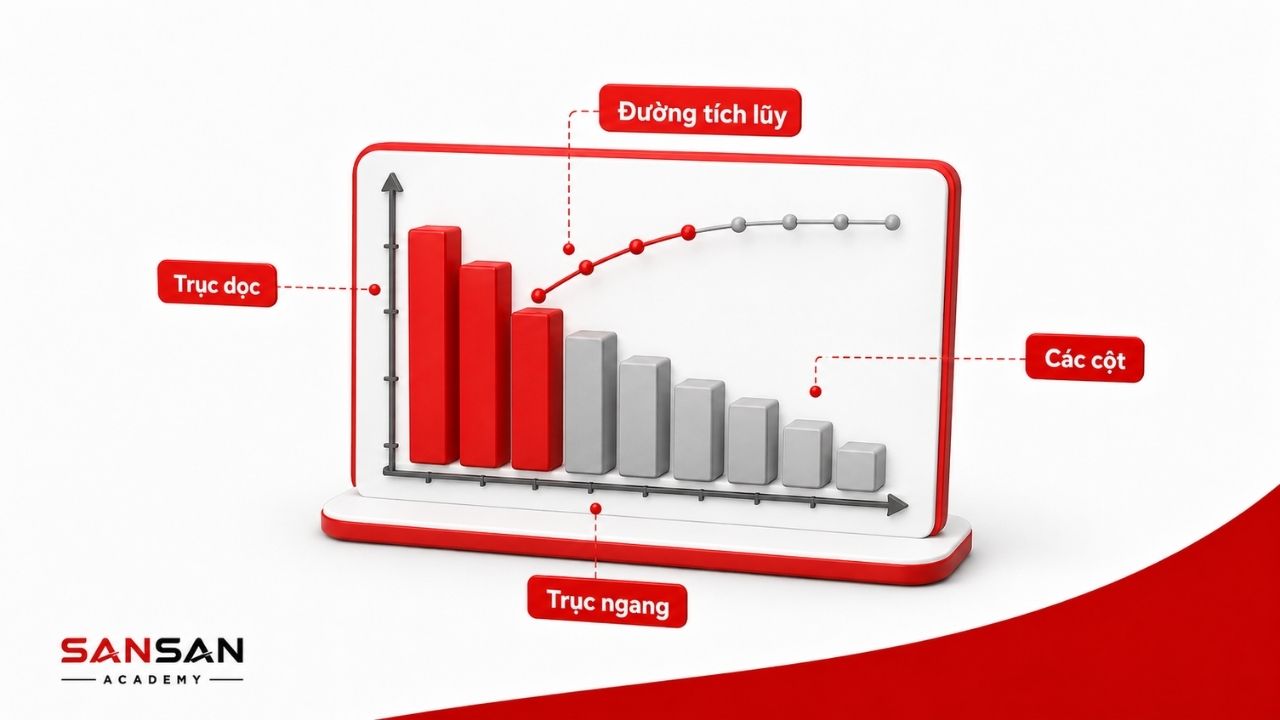 Trục, cột và đường tích lũy cấu thành biểu đồ Pareto