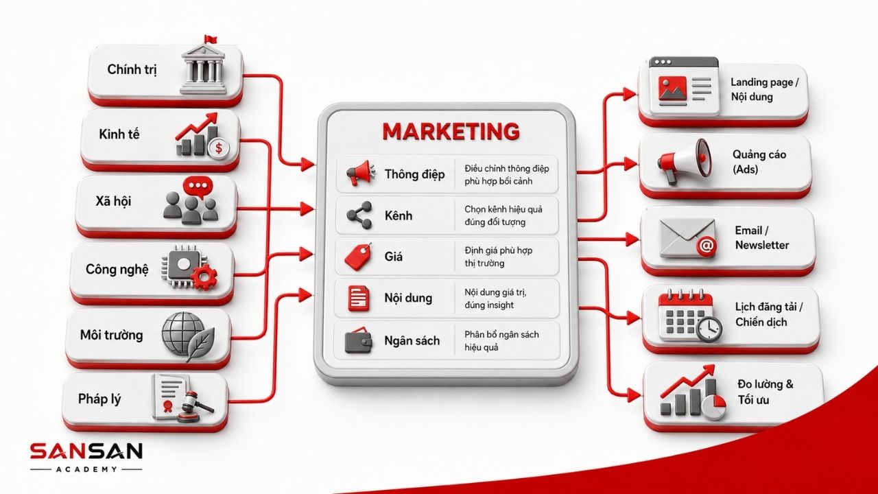 Yếu tố PESTEL định hướng thông điệp, kênh và ngân sách Marketing