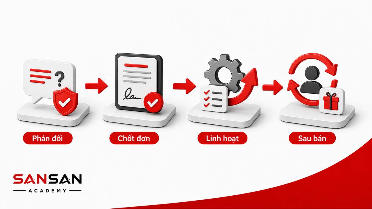 Nhóm kỹ năng chuyển đổi khách hàng gồm xử lý phản đối, chốt sale, ứng biến linh hoạt và chăm sóc sau bán