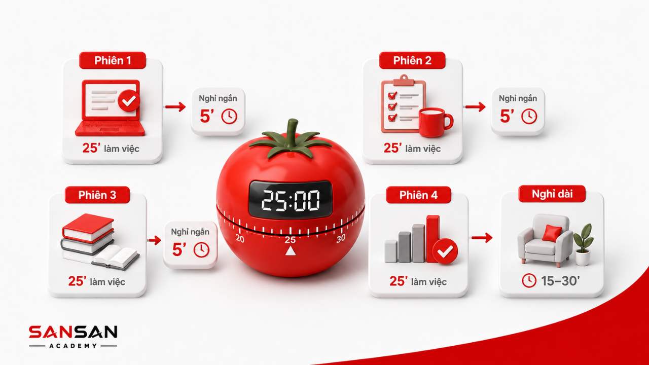 Phương pháp Pomodoro với các phiên tập trung 25 phút và thời gian nghỉ xen kẽ