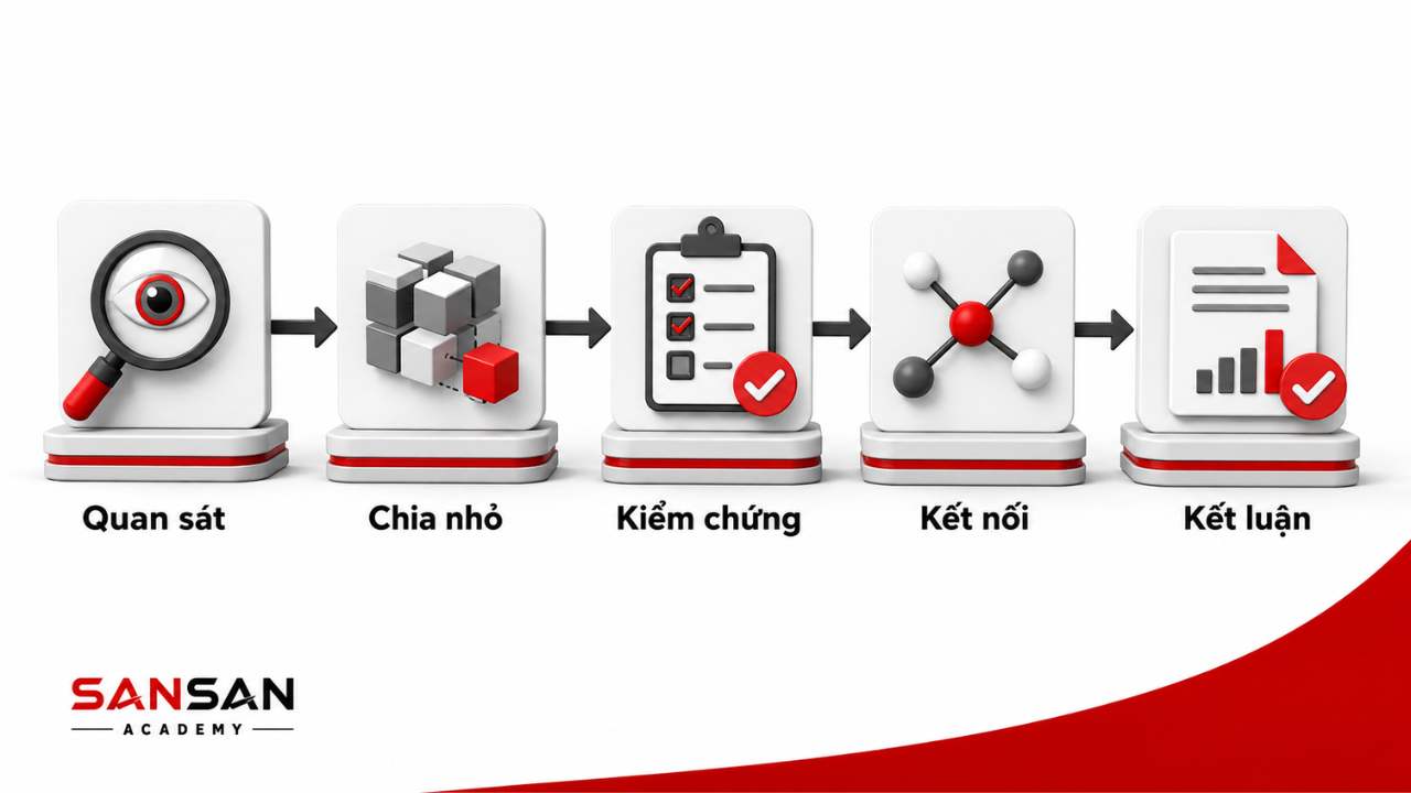 Năm năng lực tạo nên tư duy phân tích gồm quan sát, chia nhỏ, kiểm chứng, kết nối và kết luận.