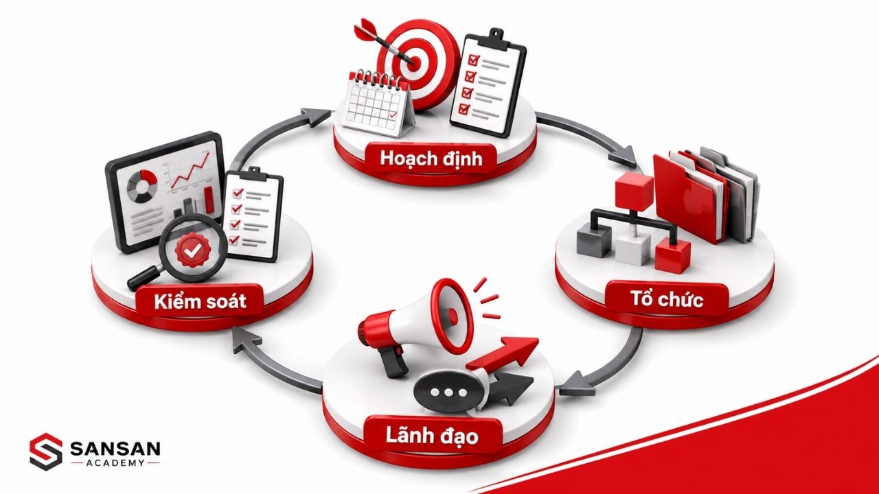 Hoạch định, tổ chức, lãnh đạo và kiểm soát tạo thành vòng quản trị