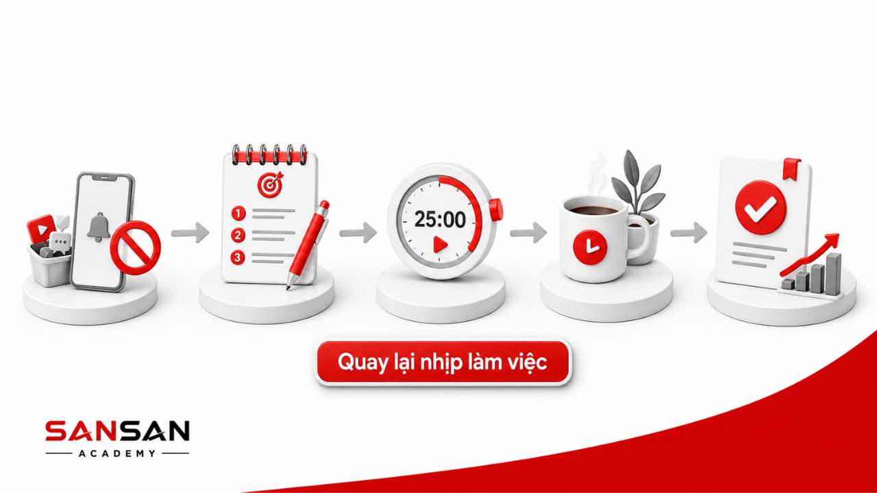 Quy trình lấy lại sự tập trung bằng cách loại bỏ xao nhãng, xác định nhiệm vụ và làm việc theo phiên ngắn