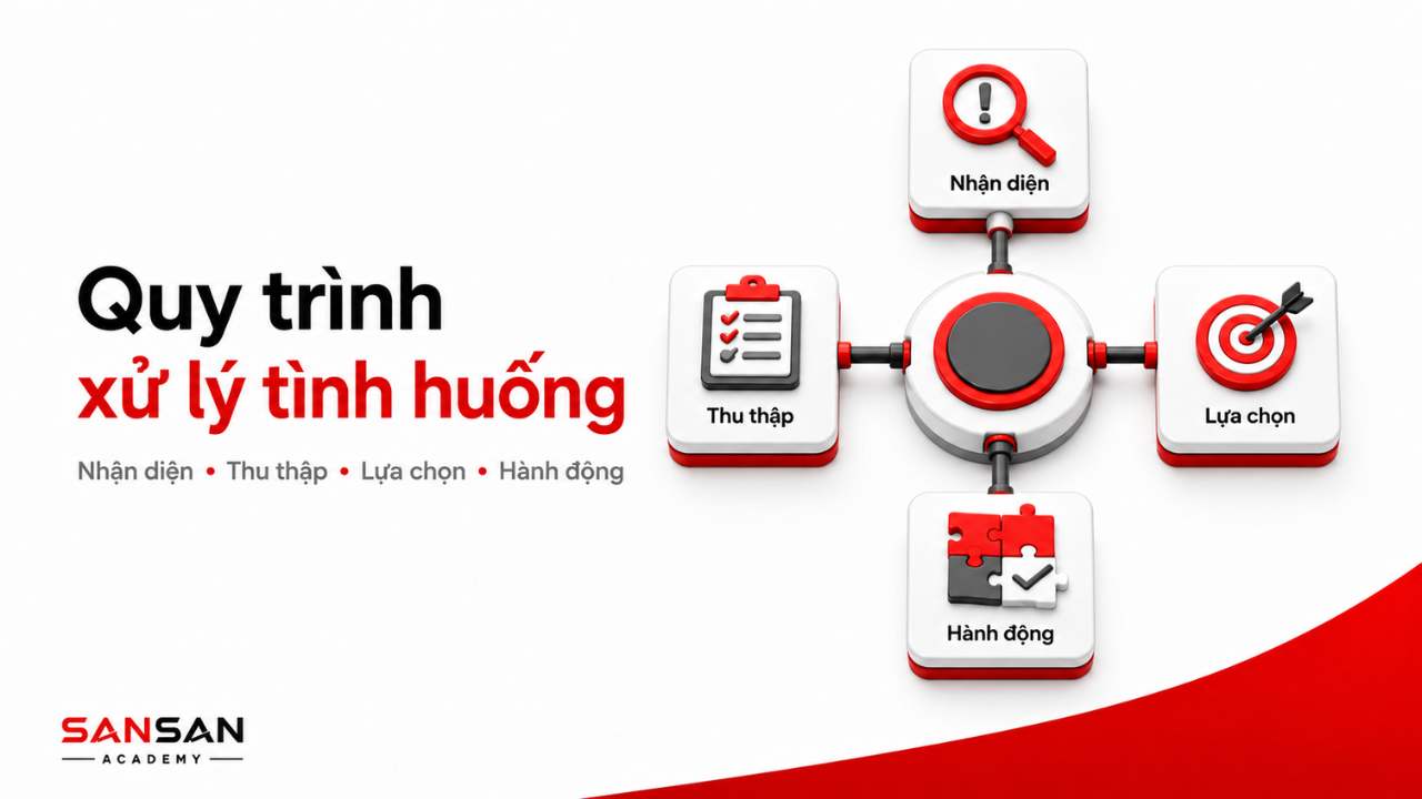Quy trình xử lý tình huống gồm nhận diện, thu thập thông tin, lựa chọn phương án và hành động