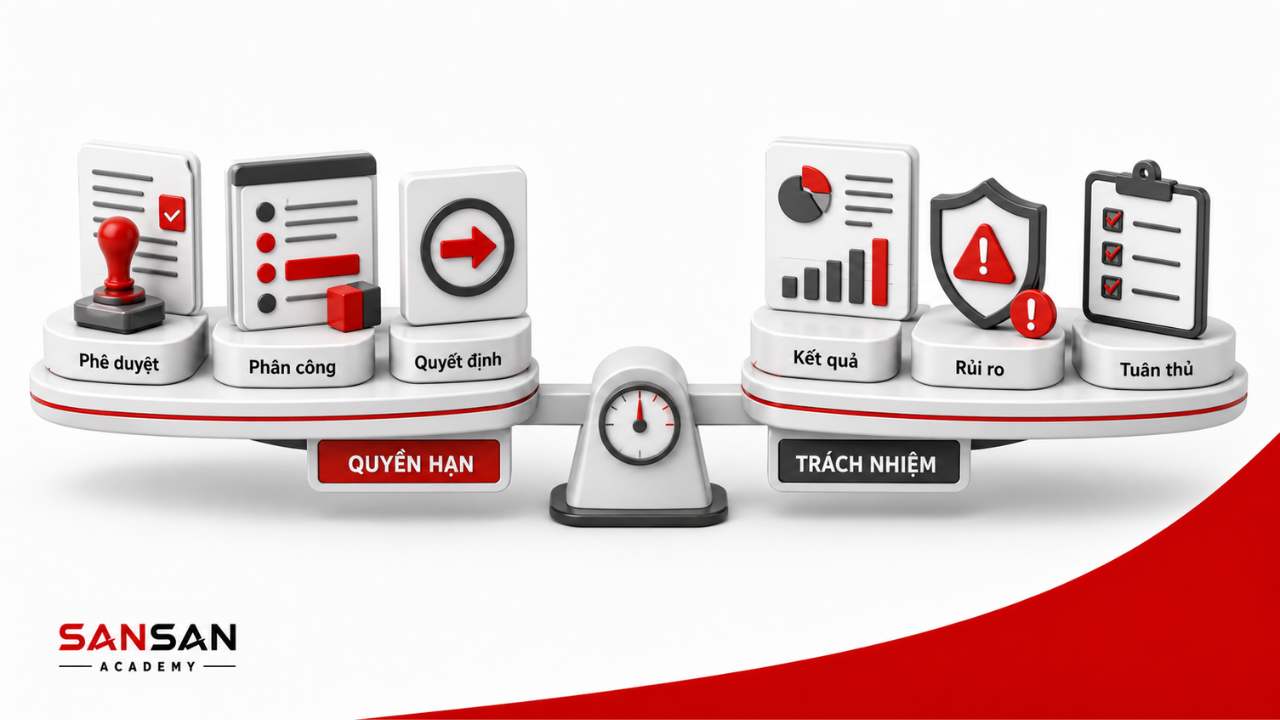 Quyền hạn và trách nhiệm của giám đốc với phê duyệt, phân công, quyết định, kết quả, rủi ro và tuân thủ