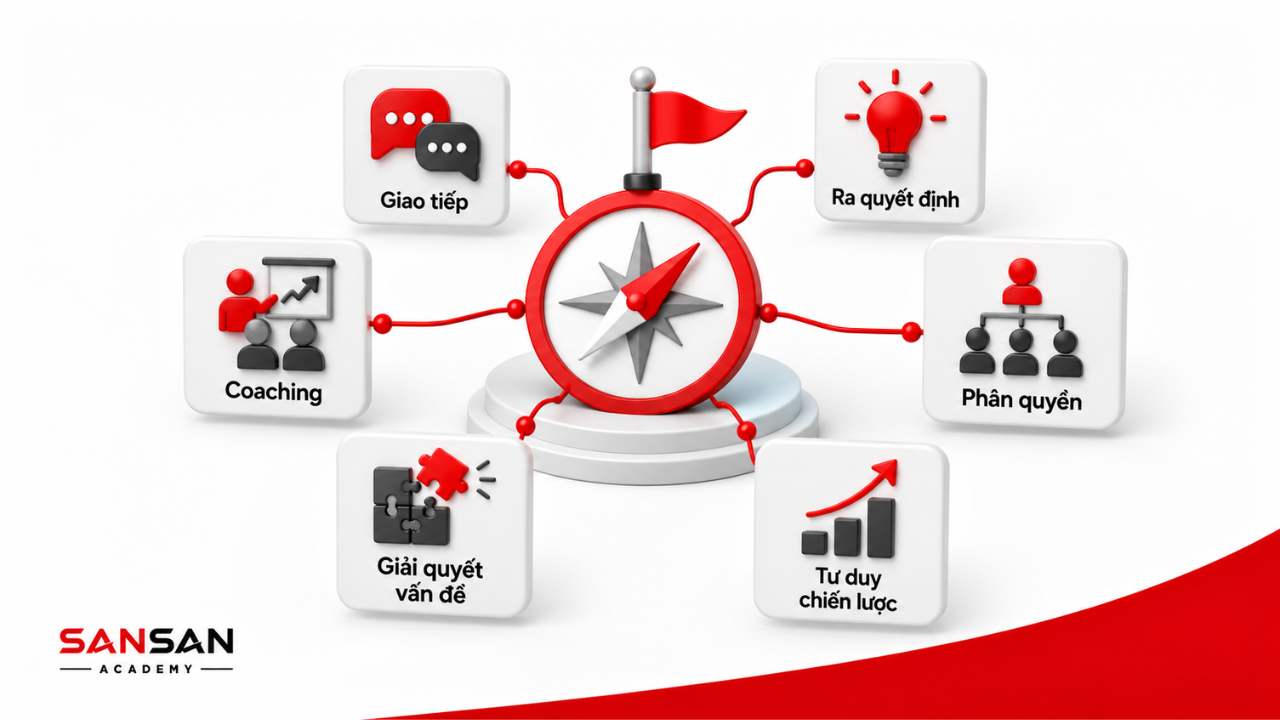 Các kỹ năng cần có của leader gồm giao tiếp ra quyết định phân quyền và tư duy chiến lược