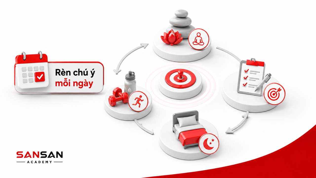Chu trình rèn luyện khả năng tập trung mỗi ngày bằng vận động, thiền, lập kế hoạch và ngủ đủ