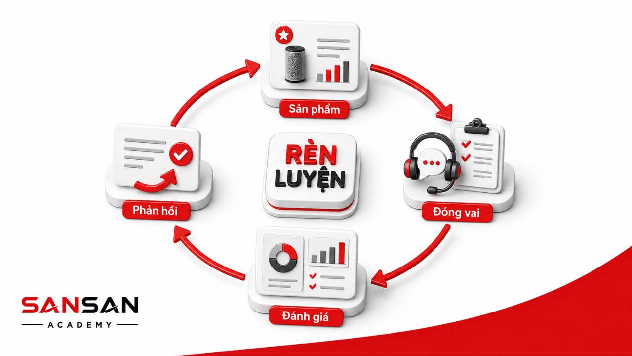 Cách rèn luyện kỹ năng bán hàng qua học sản phẩm, đóng vai tình huống, đánh giá kết quả và tiếp nhận phản hồi