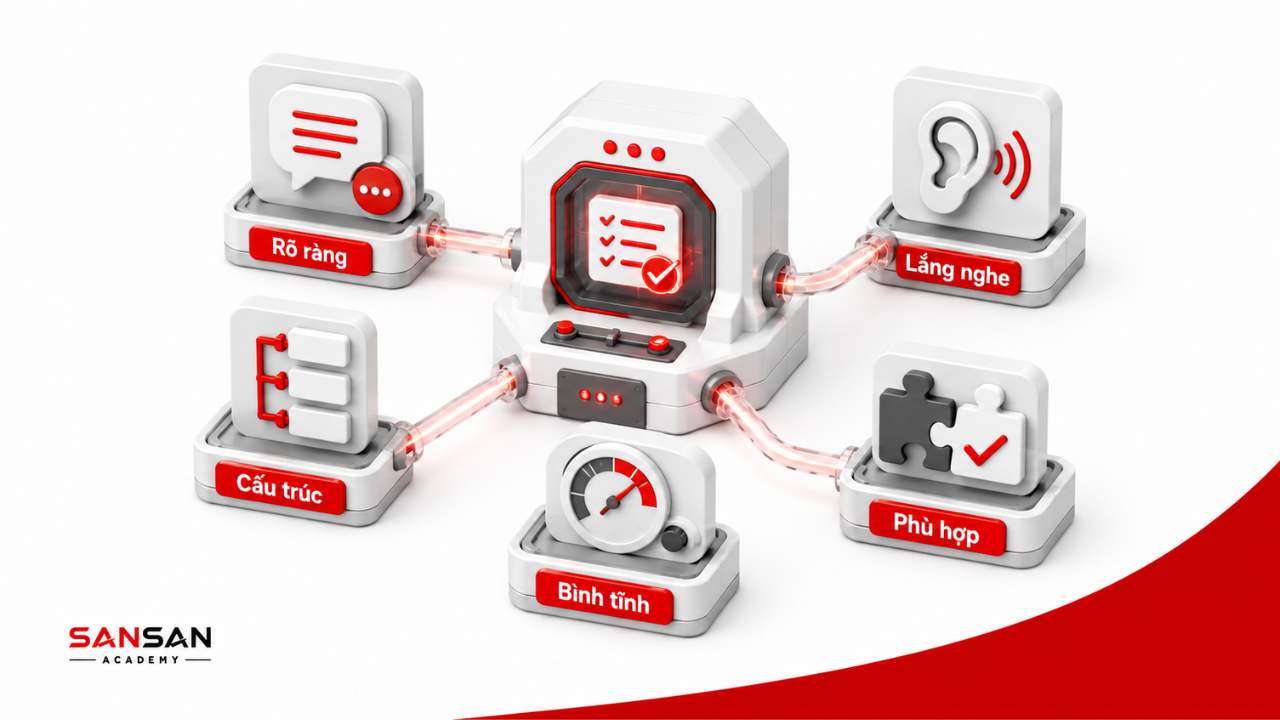 Kỹ năng giúp ứng viên chinh phục nhà tuyển dụng gồm giao tiếp rõ ràng, lắng nghe, tư duy cấu trúc và bình tĩnh