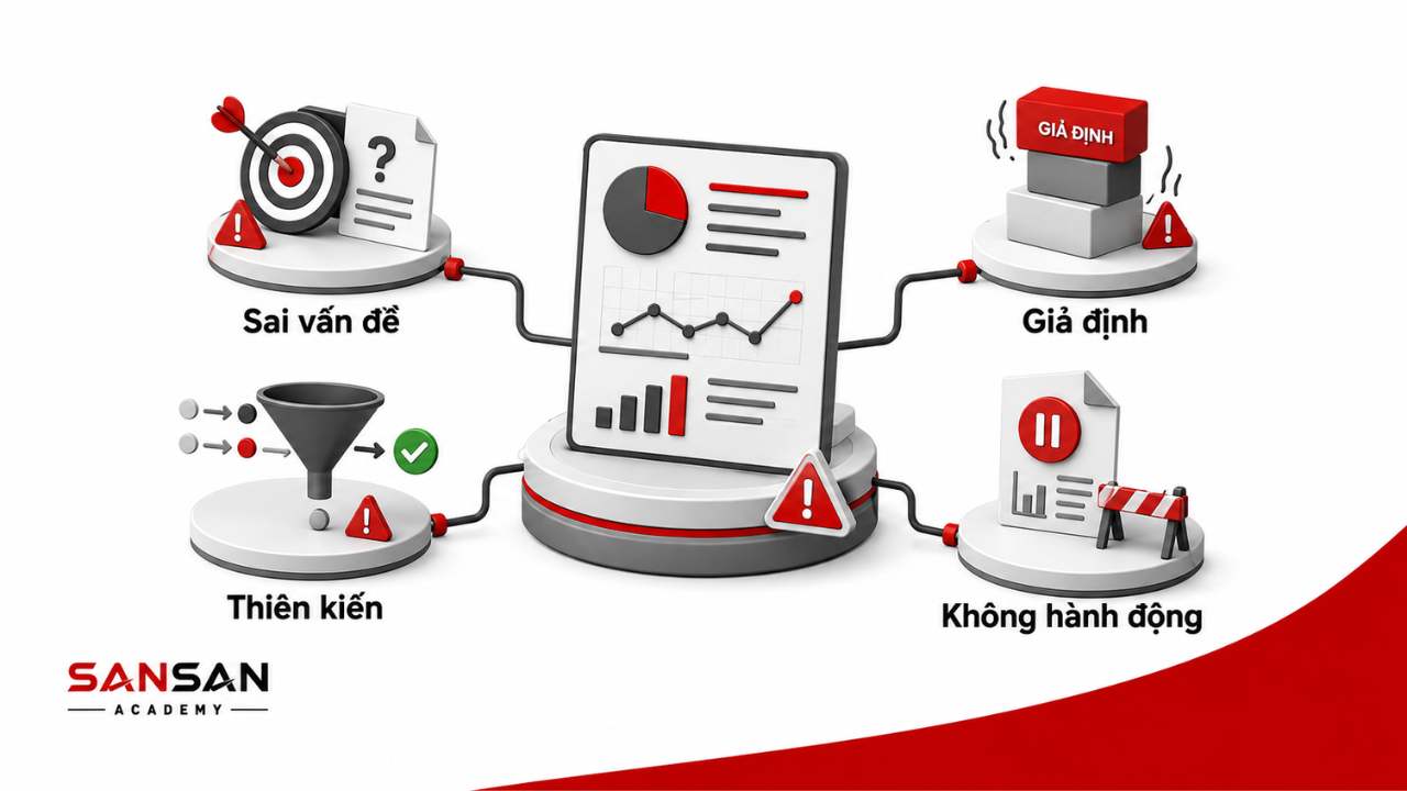 Những lỗi làm sai lệch kết quả phân tích gồm sai vấn đề, thiên kiến, giả định và không hành động.