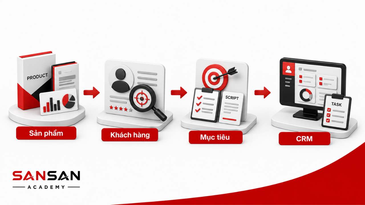 Nhóm kỹ năng chuẩn bị bán hàng gồm hiểu sản phẩm, xác định khách hàng, đặt mục tiêu và sử dụng CRM