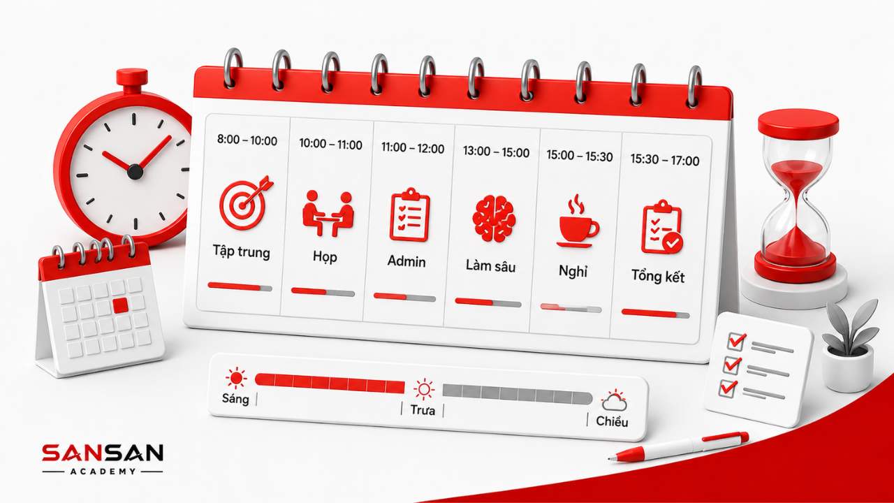 Thời gian biểu một ngày làm việc với các khung tập trung, họp, hành chính, nghỉ và tổng kết