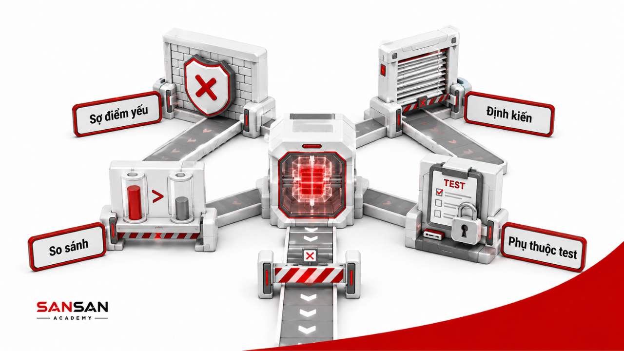 Rào cản thấu hiểu bản thân gồm sợ điểm yếu định kiến so sánh và phụ thuộc trắc nghiệm