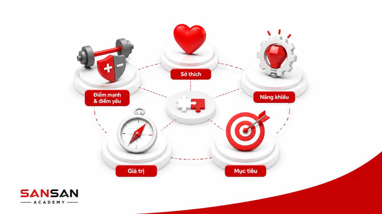 Năm khía cạnh khám phá bản thân gồm điểm mạnh và điểm yếu, sở thích, năng khiếu, giá trị cá nhân và mục tiêu tương lai.