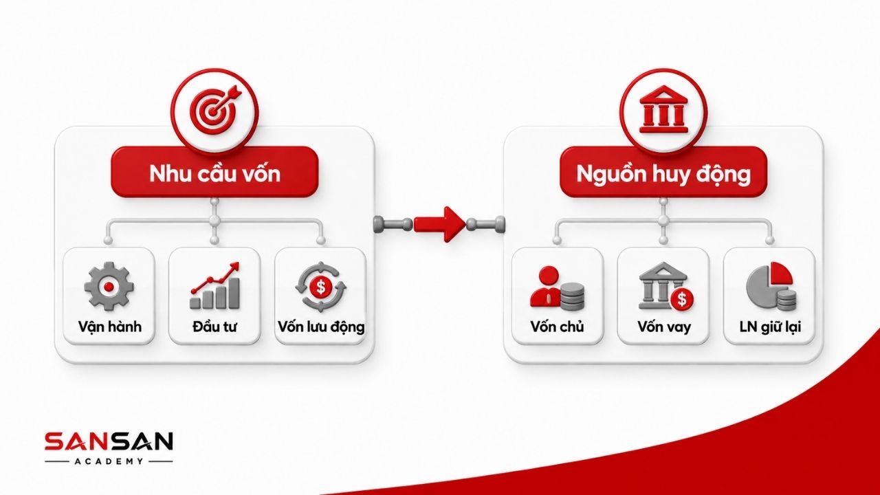 Nhu cầu vốn được kết nối với vốn chủ, vốn vay và lợi nhuận giữ lại