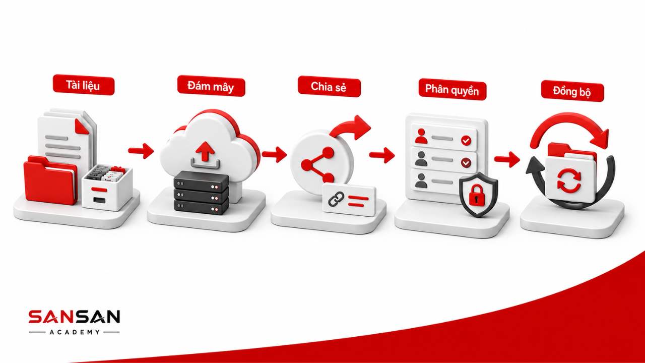 Quy trình lưu trữ đám mây gồm đưa tài liệu lên cloud, chia sẻ, phân quyền và đồng bộ dữ liệu.