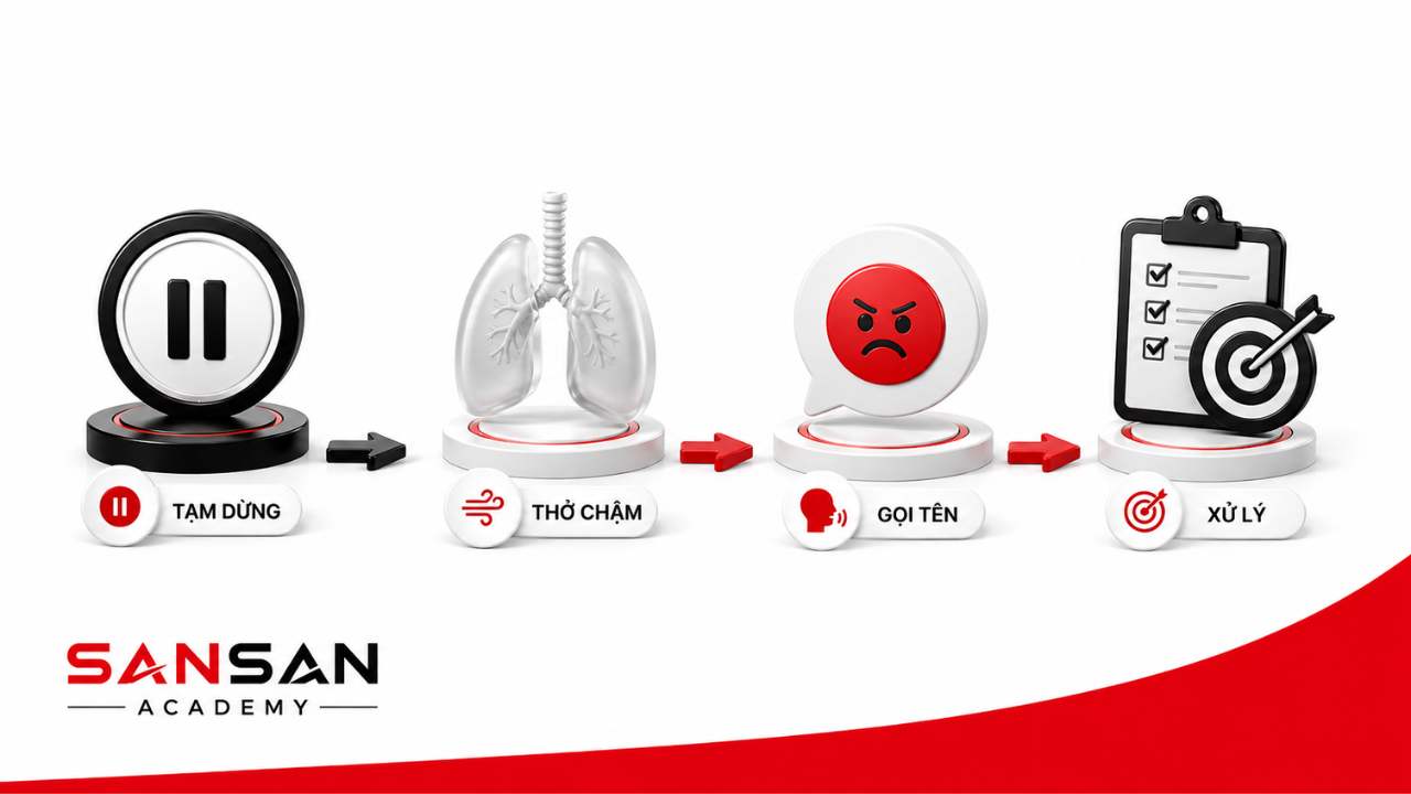 Cách kiểm soát cảm xúc tiêu cực bằng tạm dừng, thở chậm, gọi tên và xử lý