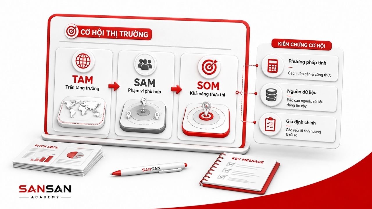 Khung pitch deck trình bày TAM, SAM, SOM cùng dữ liệu kiểm chứng