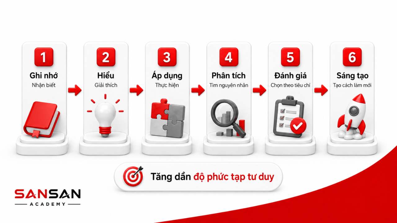 Sáu cấp độ tư duy Bloom tăng dần từ ghi nhớ, hiểu, áp dụng, phân tích, đánh giá đến sáng tạo.