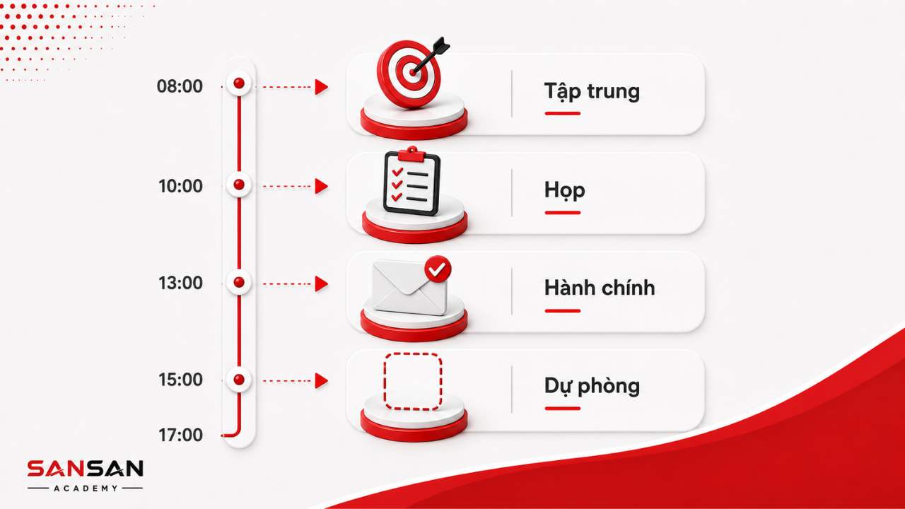 Phân bổ thời gian cho từng nhiệm vụ gồm tập trung, họp, hành chính và thời gian dự phòng