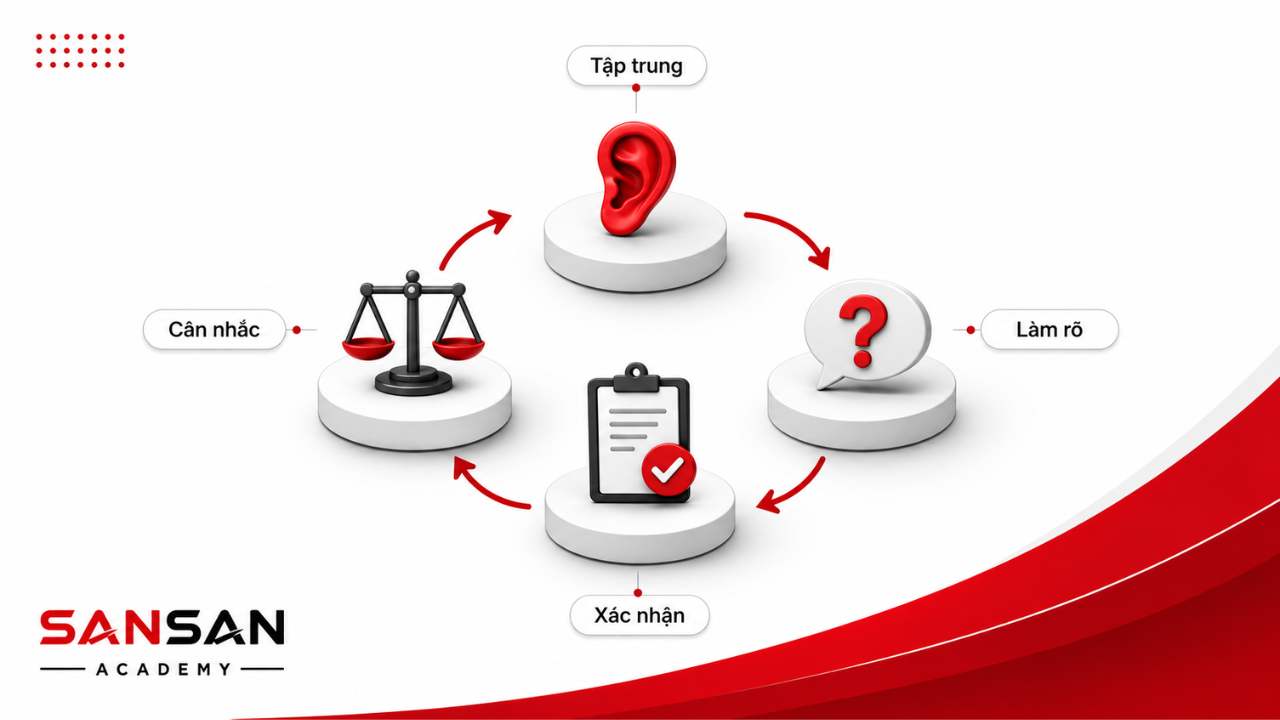 Lắng nghe chủ động gồm tập trung, đặt câu hỏi làm rõ, xác nhận lại thông tin và cân nhắc trước khi phản hồi