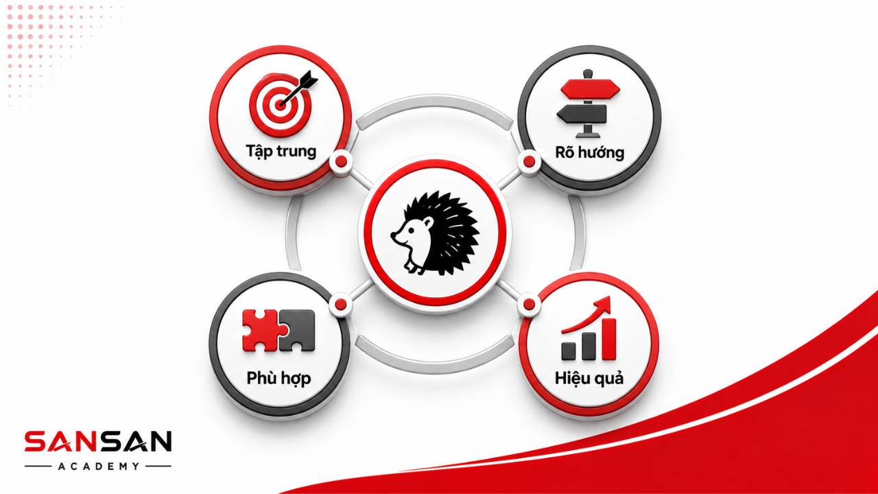 Lợi ích của thuyết con nhím gồm tăng tập trung, làm rõ hướng đi, nâng mức độ phù hợp và hiệu quả
