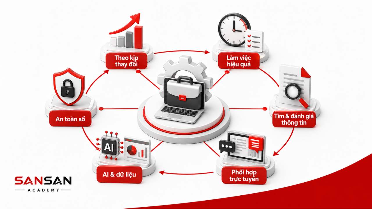 Vai trò của kỹ năng số trong việc thích nghi công nghệ, làm việc hiệu quả, đánh giá thông tin, phối hợp trực tuyến và bảo đảm an toàn số.