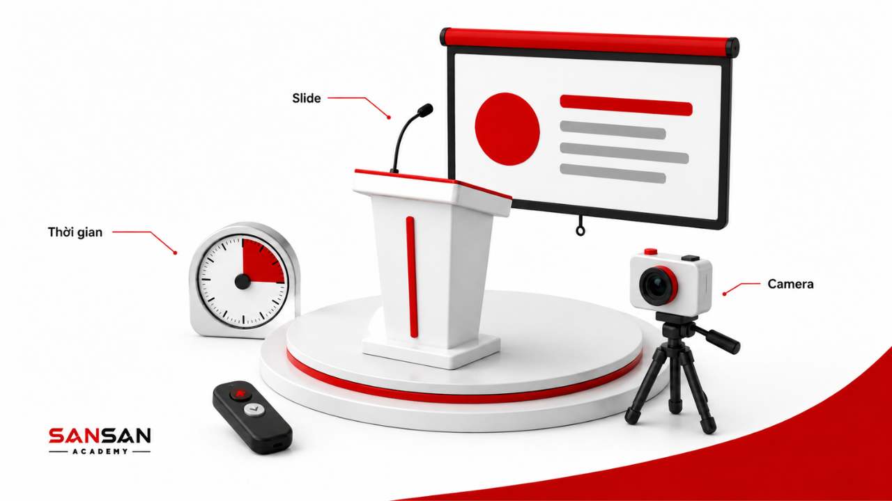 Luyện nói trước đám đông trong không gian thực tế với bục phát biểu, slide, đồng hồ và camera.
