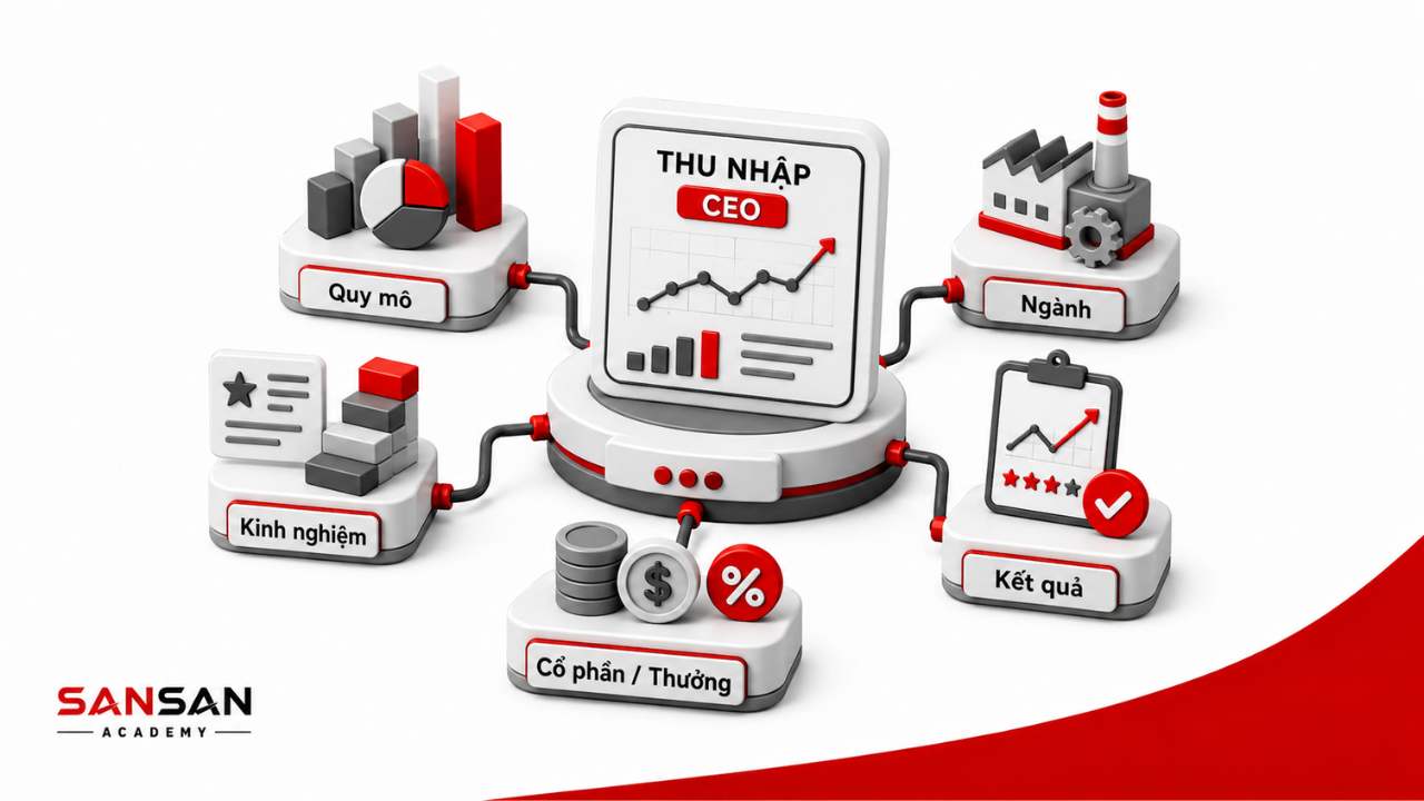 Các yếu tố quyết định thu nhập của CEO gồm quy mô, ngành, kinh nghiệm, kết quả và cổ phần thưởng