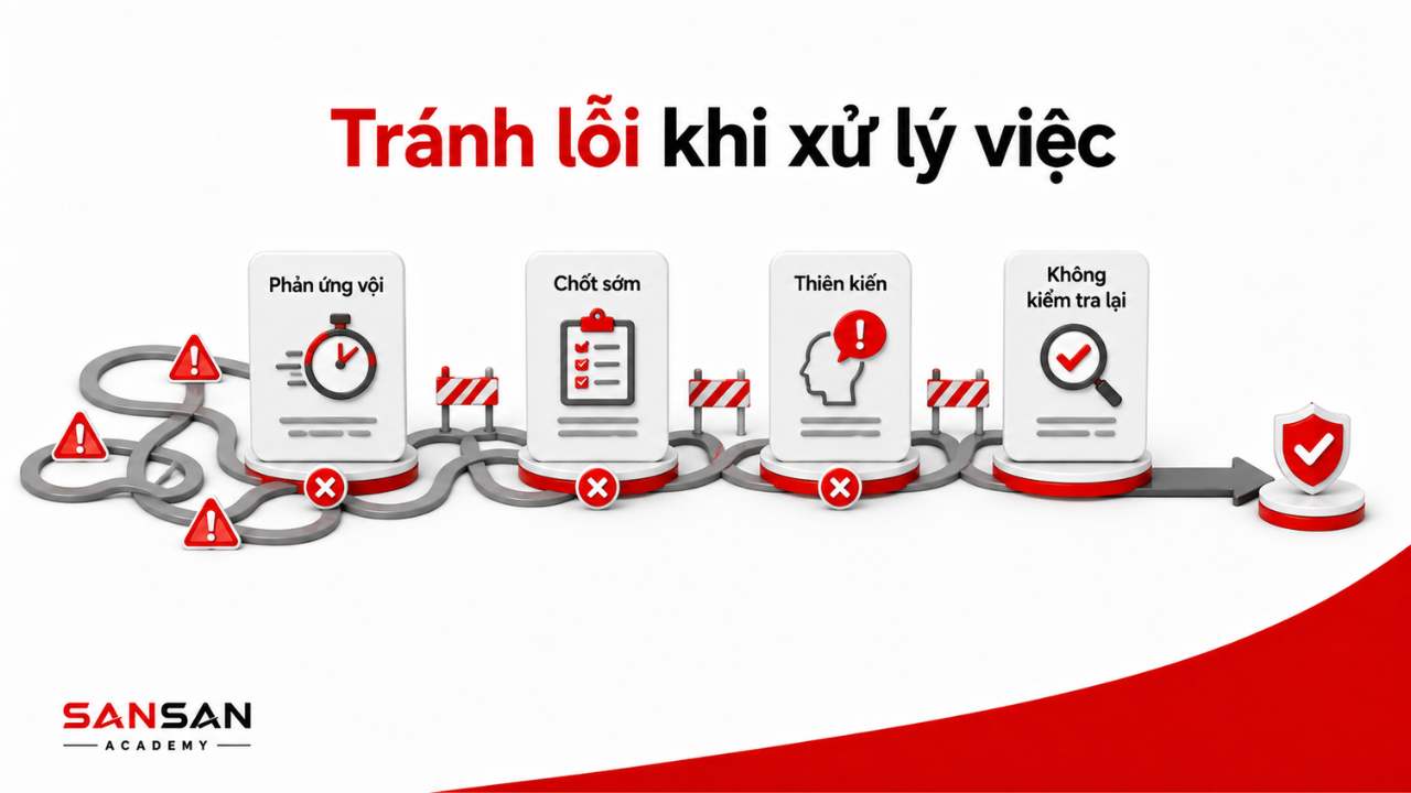 Các lỗi cần tránh khi xử lý tình huống gồm phản ứng vội, chốt nguyên nhân sớm, thiên kiến và không kiểm tra lại