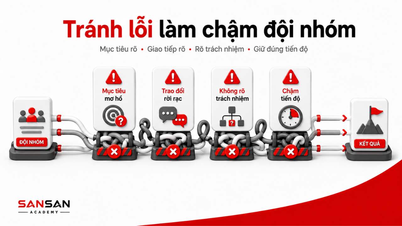 Những sai lầm cần tránh khi làm việc nhóm như mục tiêu mơ hồ, trao đổi rời rạc, không rõ trách nhiệm và chậm tiến độ