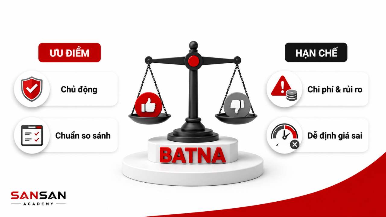 Ưu và nhược điểm của BATNA gồm tăng thế chủ động, tạo chuẩn so sánh nhưng vẫn có chi phí, rủi ro và nguy cơ định giá sai.