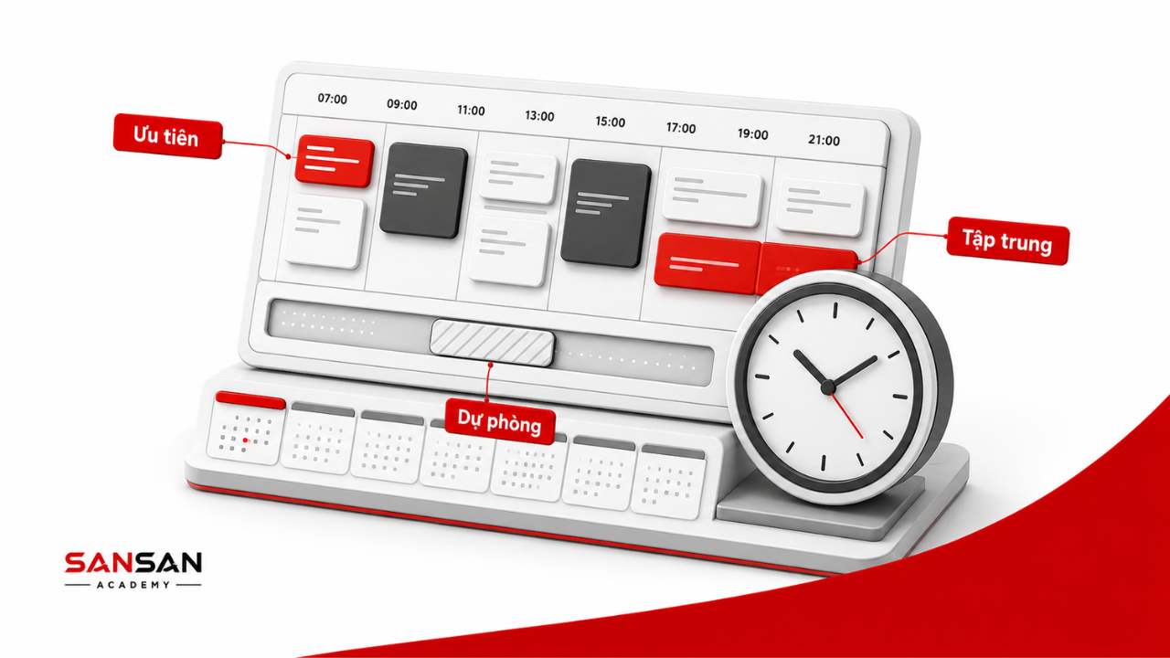 Kỹ năng quản lý thời gian với ưu tiên công việc, khoảng tập trung và thời gian dự phòng.