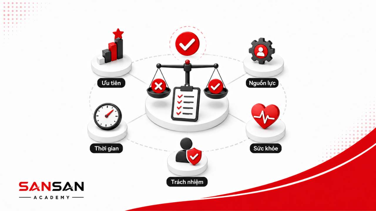 Kiểm tra mức độ phù hợp của mục tiêu dựa trên ưu tiên, nguồn lực, thời gian, sức khỏe và trách nhiệm hiện tại