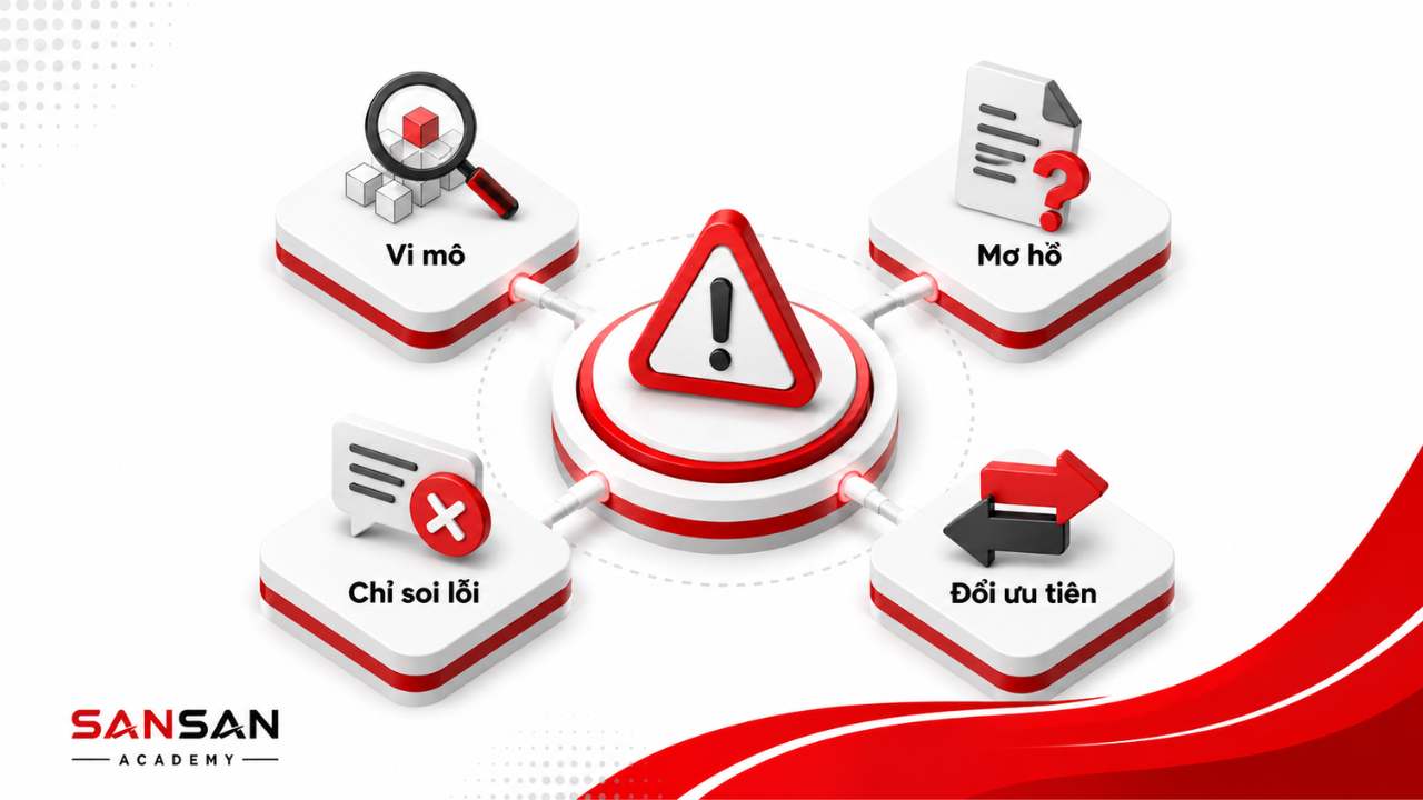 Những sai lầm quản lý làm đội ngũ mất động lực gồm quản lý vi mô, giao việc mơ hồ, chỉ soi lỗi và đổi ưu tiên